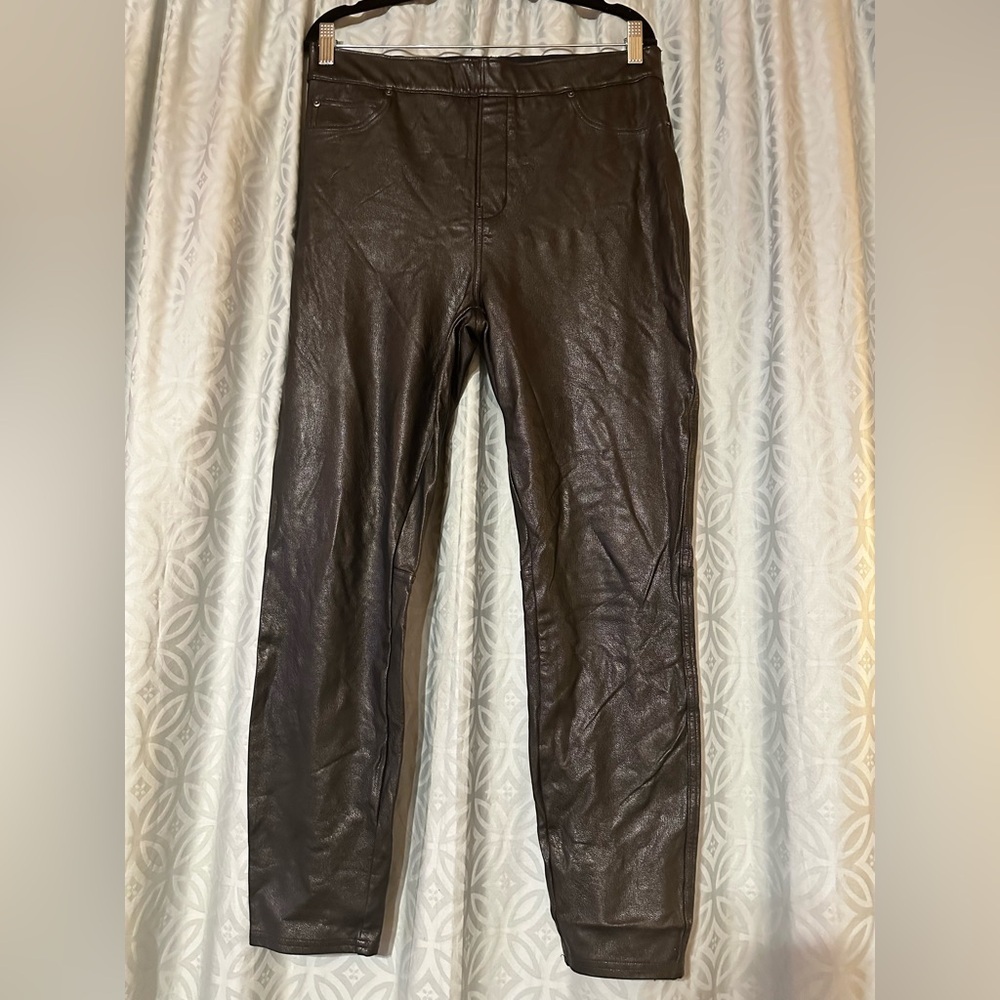 SPANX Vegan Leather Black Leggings Pants Size L Stretch Pull On Elastic Waist